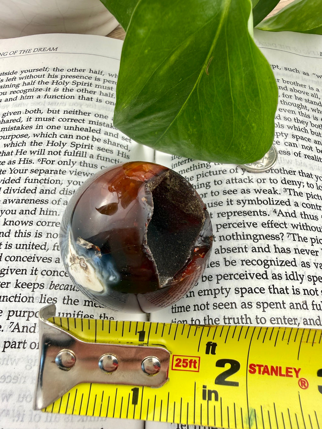 Carnelian Sphere with druzy showing measurement of about 1.5"