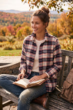 100% Organic Cotton Tilley Plaid Shirt | Size XL on woman reading a book outside