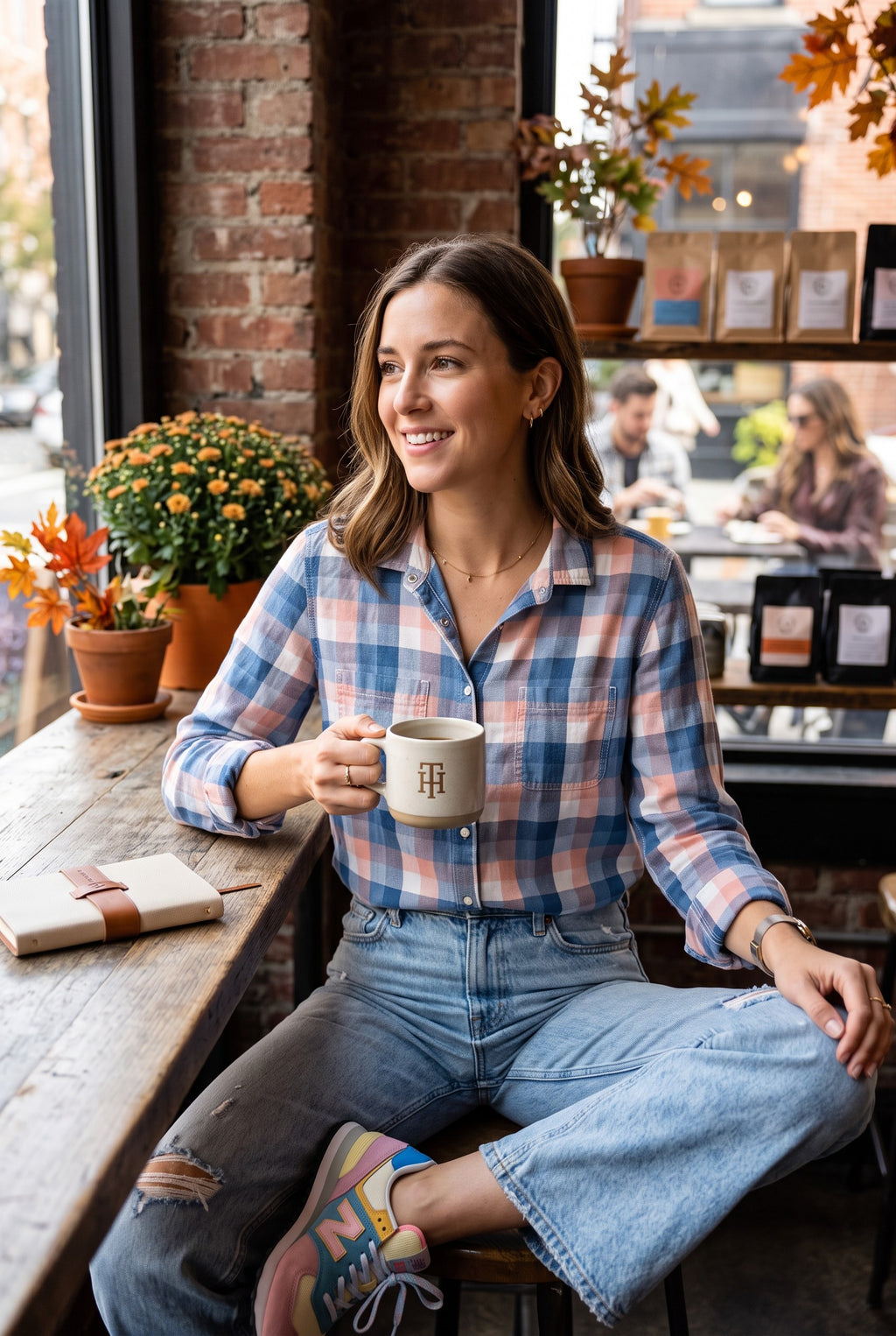 100% Cotton Tommy Hilfiger Plaid Shirt | Size M on woman looking out window at cafe