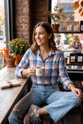 100% Cotton Tommy Hilfiger Plaid Shirt | Size M on woman looking out window at cafe
