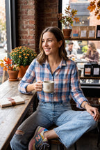 100% Cotton Tommy Hilfiger Plaid Shirt | Size M on woman looking out window at cafe