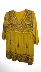 100% Cotton Artisan Embroidered Sequin Tunic — Washed Mustard Gold | Boho Festival Top | Est. Small at Blue Sparrow Shop