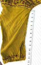 100% Cotton Artisan Embroidered Sequin Tunic — Washed Mustard Gold | Boho Festival Top | Est. Small at Blue Sparrow Shop measuring 13" sleeve 
