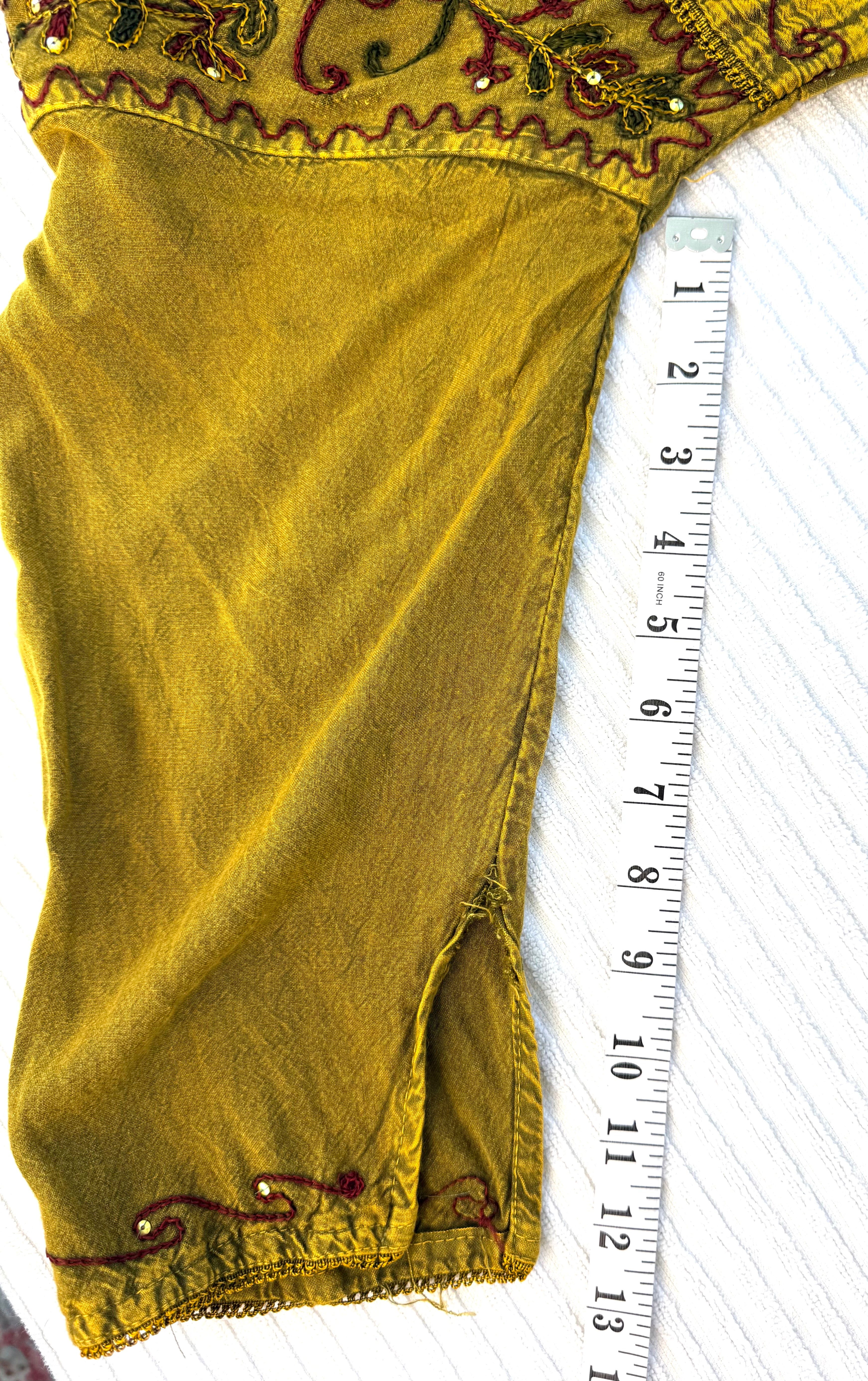 100% Cotton Artisan Embroidered Sequin Tunic — Washed Mustard Gold | Boho Festival Top | Est. Small at Blue Sparrow Shop measuring 13" sleeve 