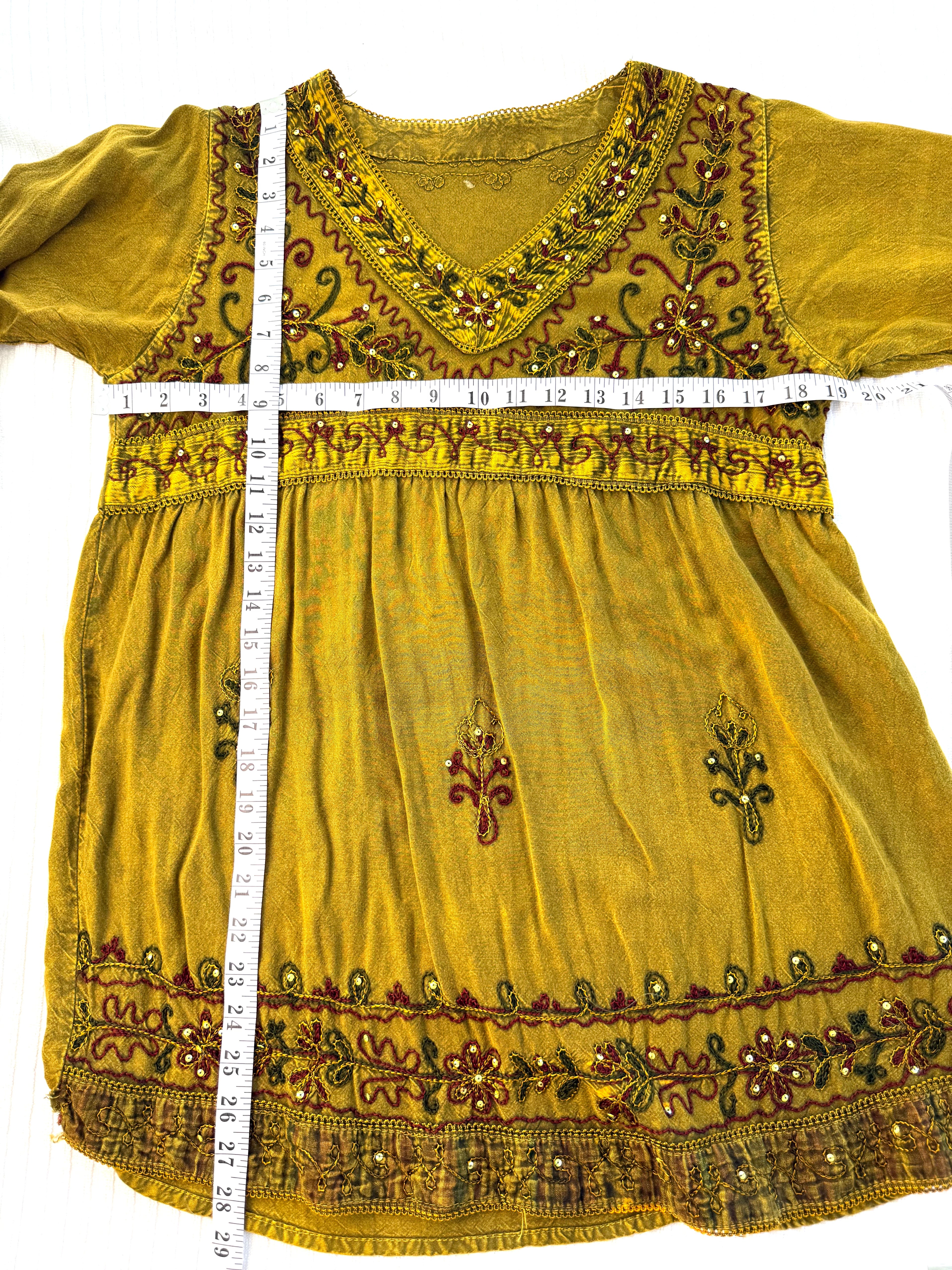 100% Cotton Artisan Embroidered Sequin Tunic — Washed Mustard Gold | Boho Festival Top | Est. Small at Blue Sparrow Shop measuring 38" bust and 28" shoulder to hem 