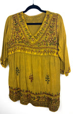 100% Cotton Artisan Embroidered Sequin Tunic — Washed Mustard Gold | Boho Festival Top | Est. Small at Blue Sparrow Shop on hanger