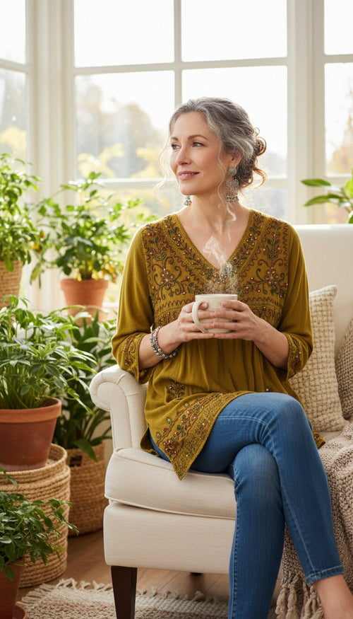 100% Cotton Artisan Embroidered Sequin Tunic — Washed Mustard Gold | Boho Festival Top | Est. Small at Blue Sparrow Shop on woman drinking tea