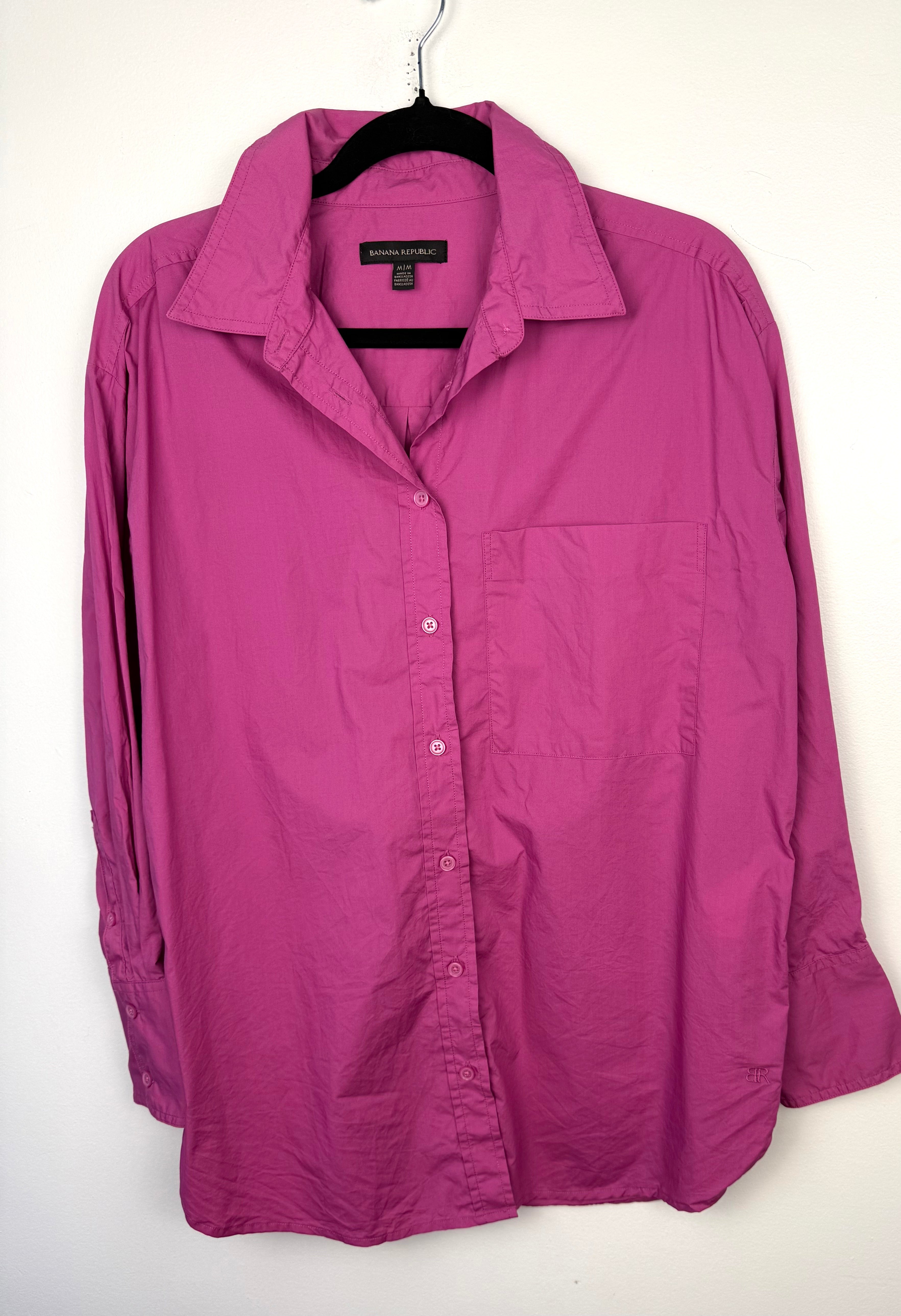 100% Cotton Banana Republic Pink Button Front Shirt | Oversized at Blue Sparrow Shop on hanger front