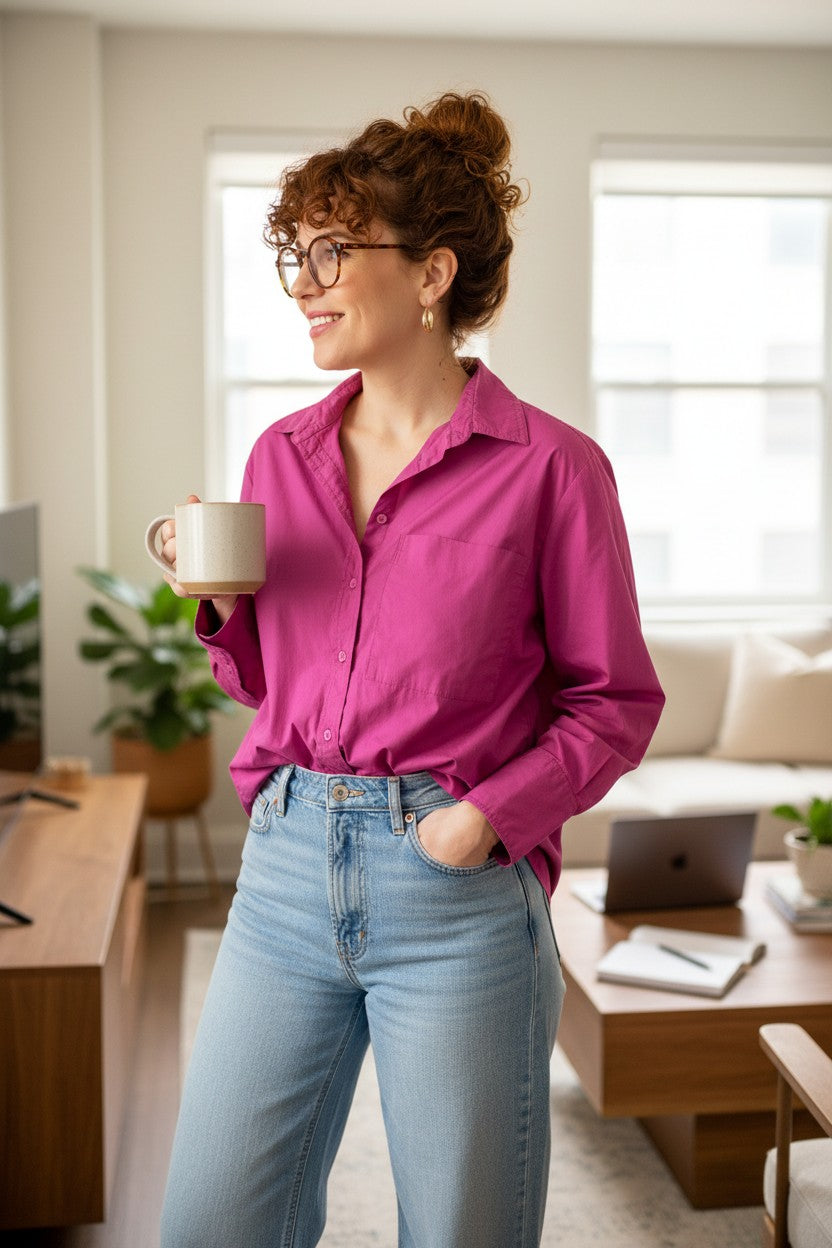 100% Cotton Banana Republic Pink Button Front Shirt | Oversized at Blue Sparrow Shop on woman drinking coffee in office 