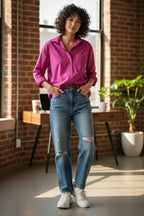 100% Cotton Banana Republic Pink Button Front Shirt | Oversized at Blue Sparrow Shop on woman standing in front of a brick wall