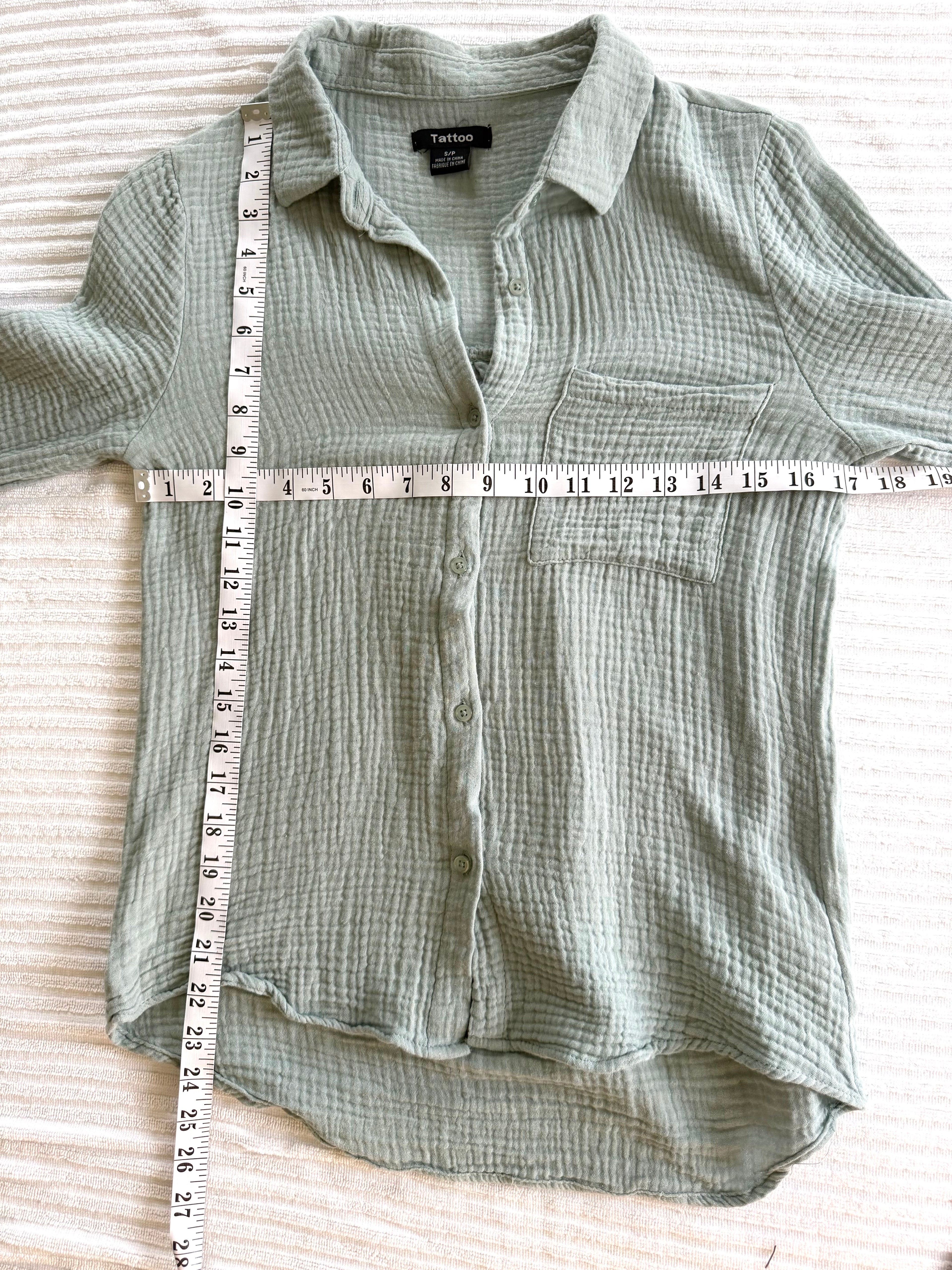 100% Cotton Button Front Shirt | Size S at Blue Sparrow Shop measuring 34" bust and 22-24" length