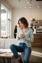  100% Cotton Button Front Shirt | Size S at Blue Sparrow Shop on woman sitting on the edge of the couch french tucking the shirt