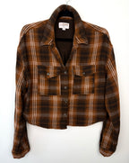 100% Cotton Ci Sono Cropped Plaid Shirt | Size M on hanger front. view
