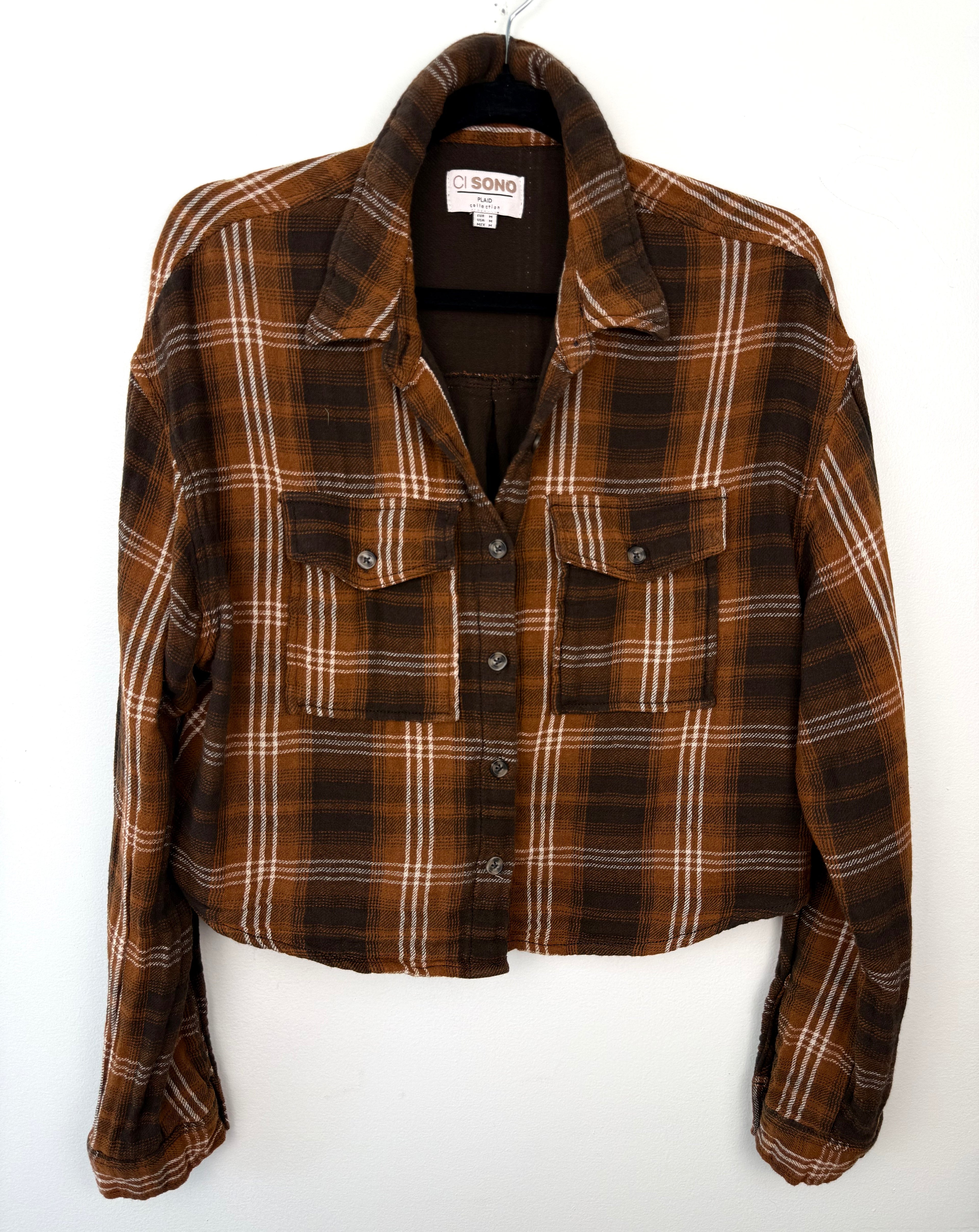 100% Cotton Ci Sono Cropped Plaid Shirt | Size M on hanger front. view