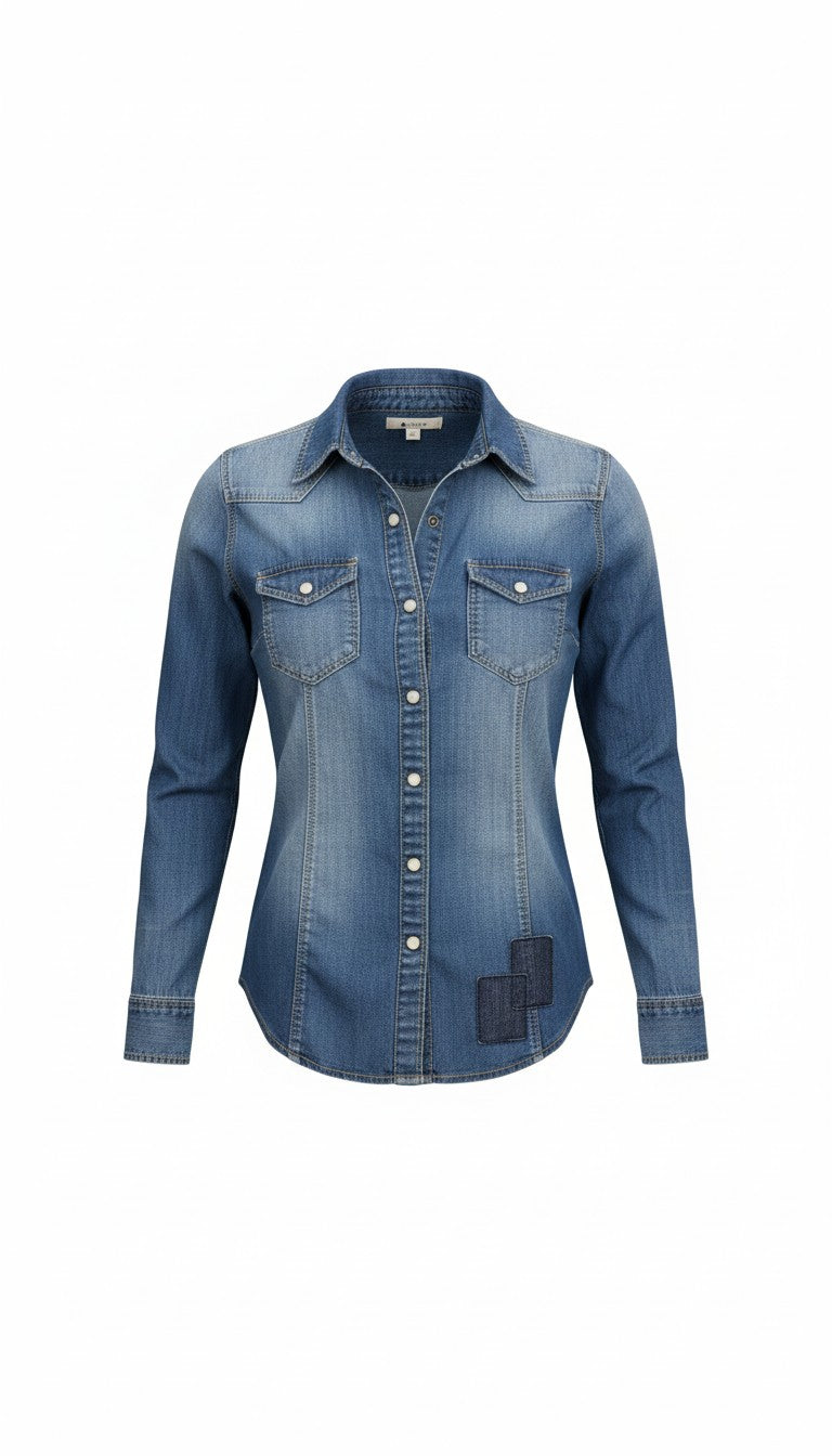 100% Cotton Denim Western Shirt with Patch Detail | Size S at Blue Sparrow Shop