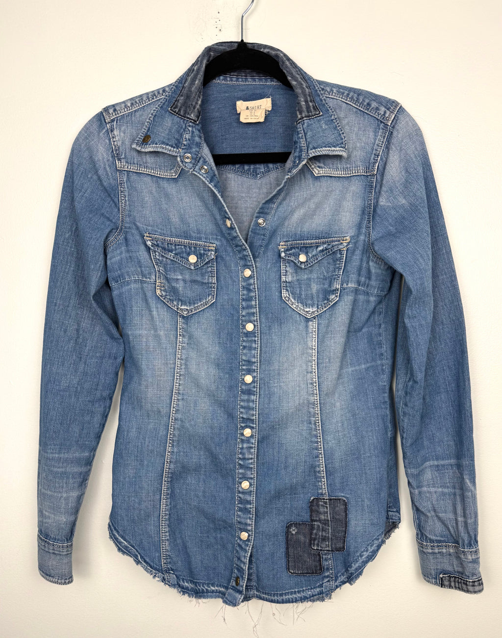 100% Cotton Denim Western Shirt with Patch Detail | Size S at Blue Sparrow Shop on hanger