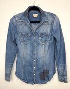 100% Cotton Denim Western Shirt with Patch Detail | Size S at Blue Sparrow Shop on hanger