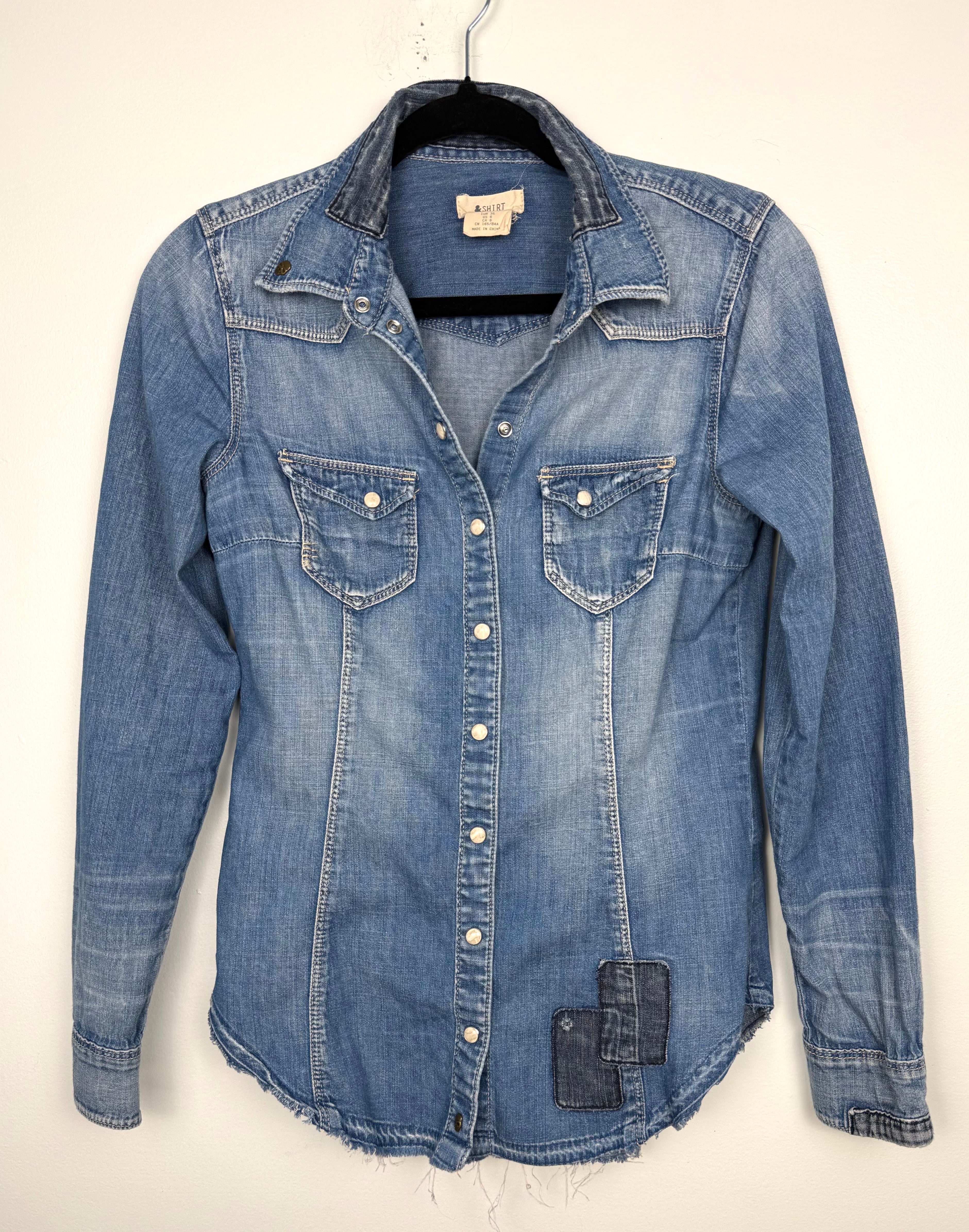 100% Cotton Denim Western Shirt with Patch Detail | Size S at Blue Sparrow Shop on hanger