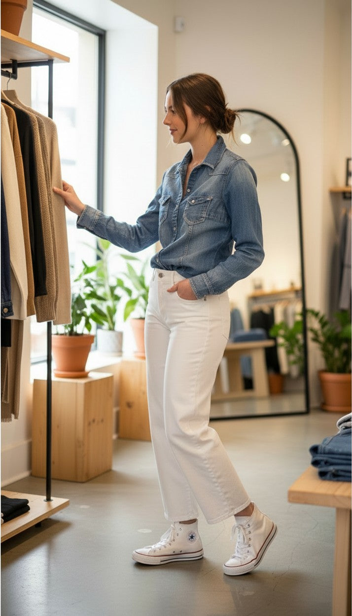 100% Cotton Denim Western Shirt with Patch Detail | Size S at Blue Sparrow Shop on woman shopping 
