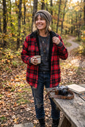 100% Cotton Eddie Bauer Lined Fall Sherpa Jacket | Size M Petite on woman outside in fall 