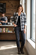 100% Cotton Eddie Bauer Plaid Shirt | Size M on woman standing by window with hand in pocket