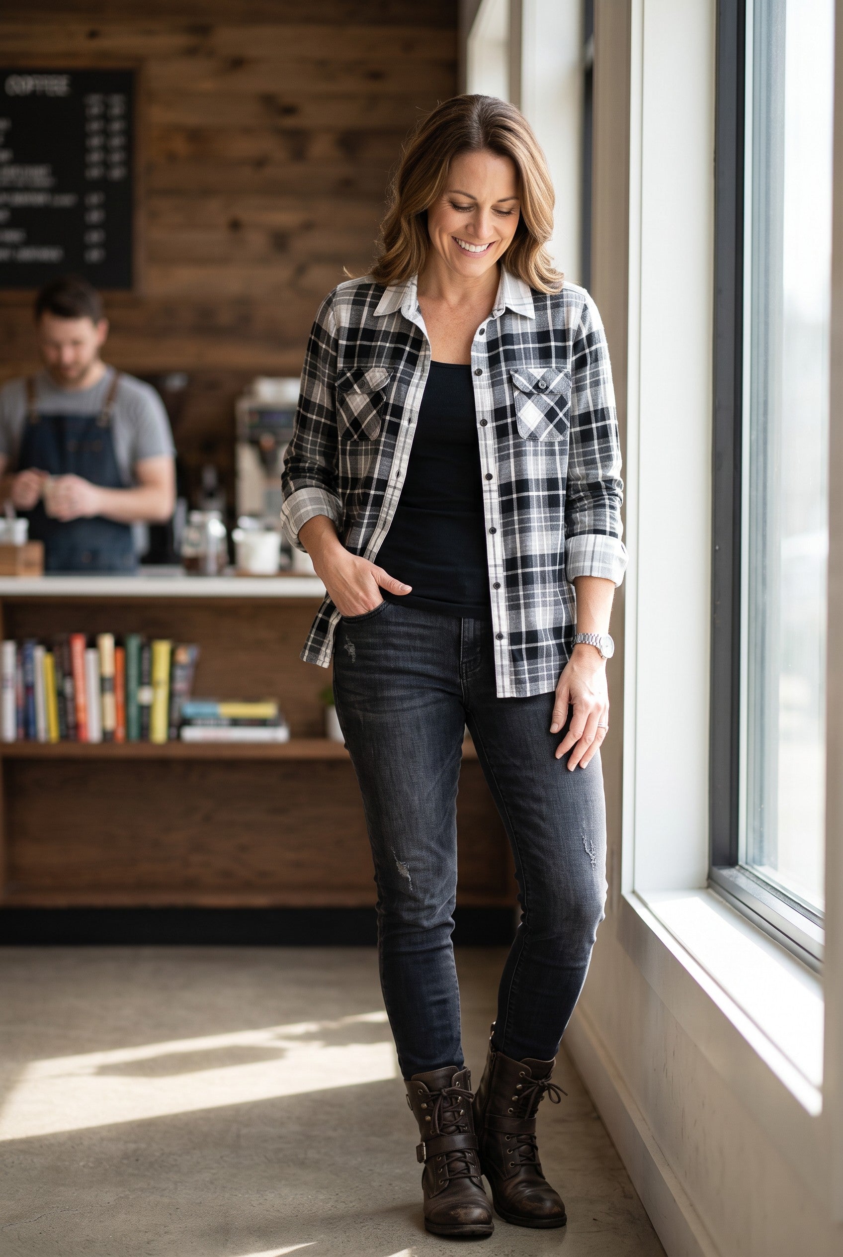 100% Cotton Eddie Bauer Plaid Shirt | Size M on woman standing by window with hand in pocket