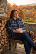 100% Cotton Eddie Bauer Plaid Shirt | Size S mens   on ai model reading a book outside on a porch in the fall