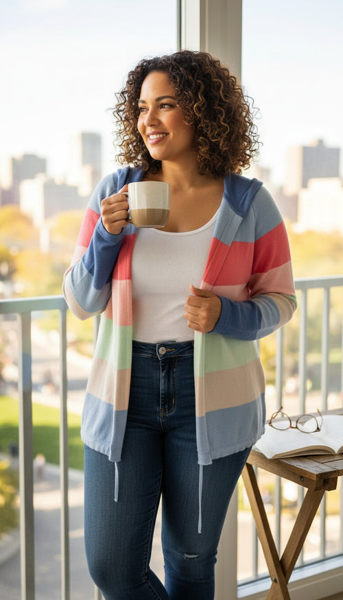 100% Cotton FDJ French Dressing Jeans Cardigan | Size M at Blue Sparrow Shop on woman drinking coffee beside window