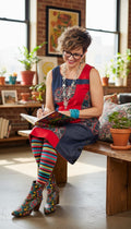 100% Cotton Fair Trade Artisan Tunic | Trans' Fair | Size M at Blue Sparrow Shop  on funky woman writing in book