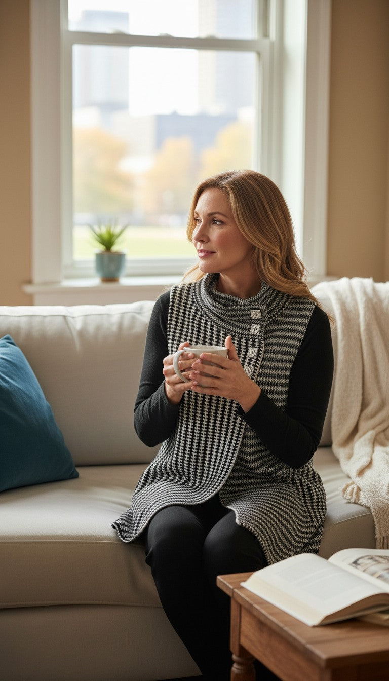 100% Cotton Habitat Brand Knit Cowl Neck Vest | Size M at Blue Sparrow Shop  on woman drinking coffee
