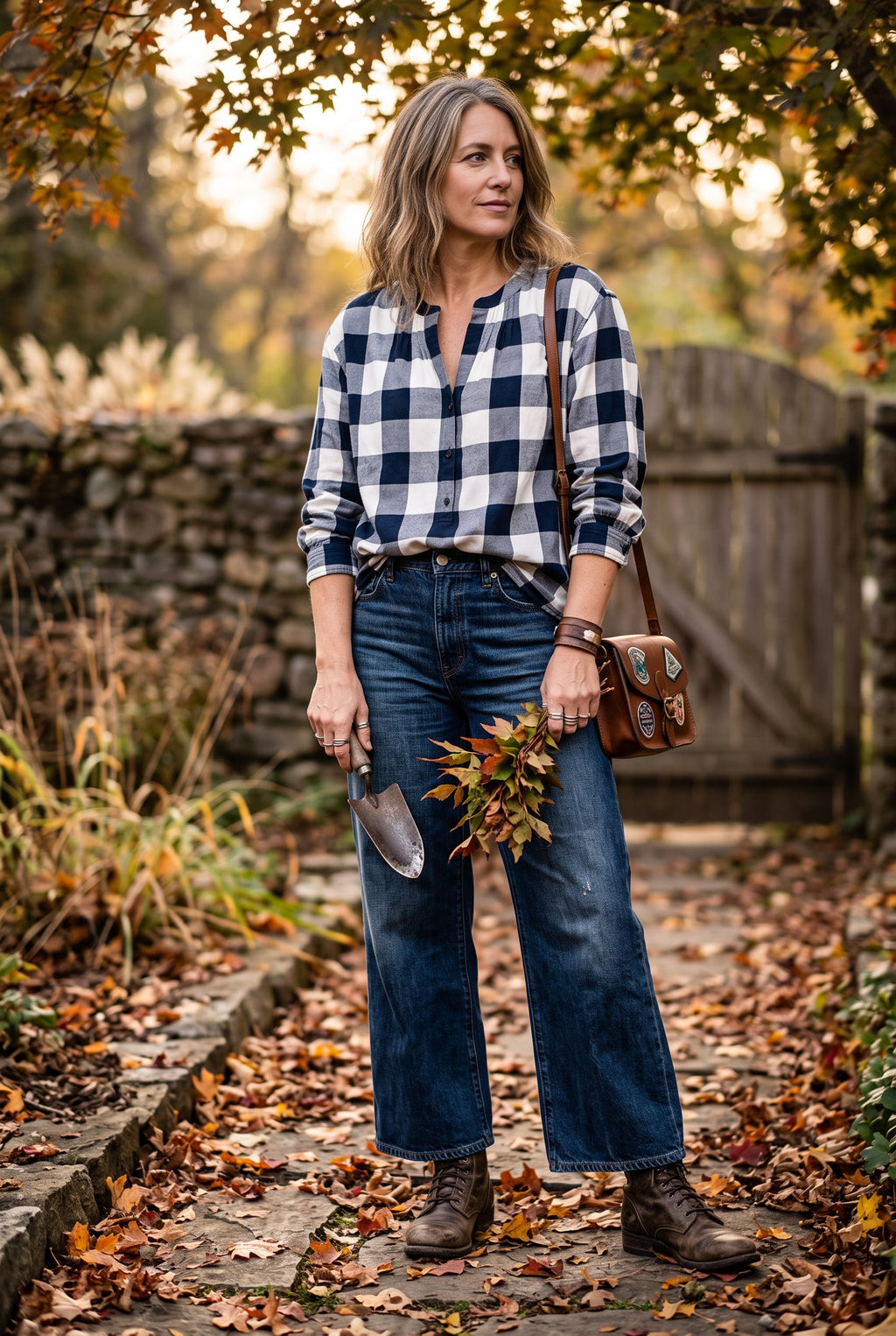 100% Cotton J Crew Buffalo Plaid Top | Size L on woman outside in garden 