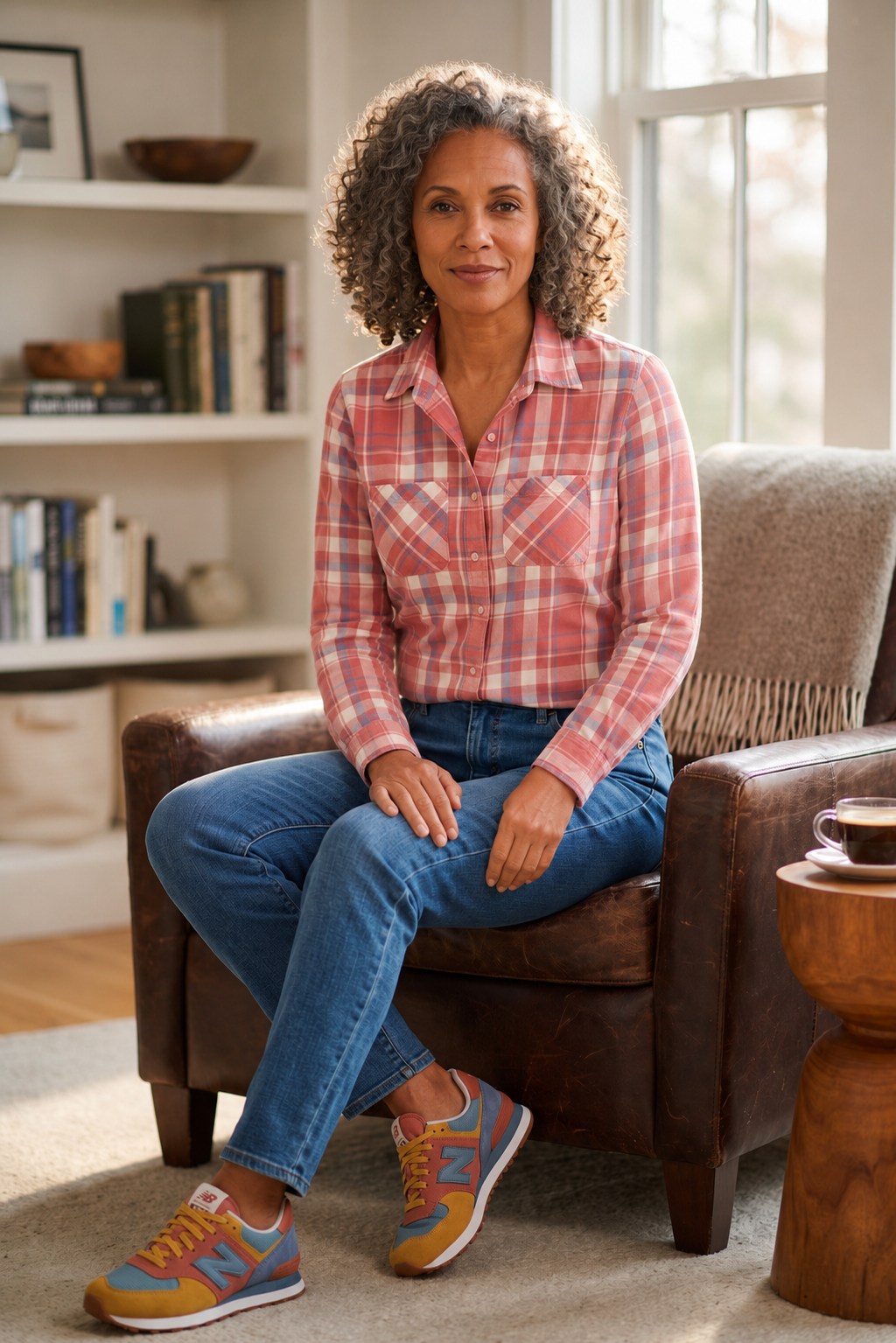 100% Cotton LL Bean Plaid Shirt | Size S on ai woman sitting on edge of chair