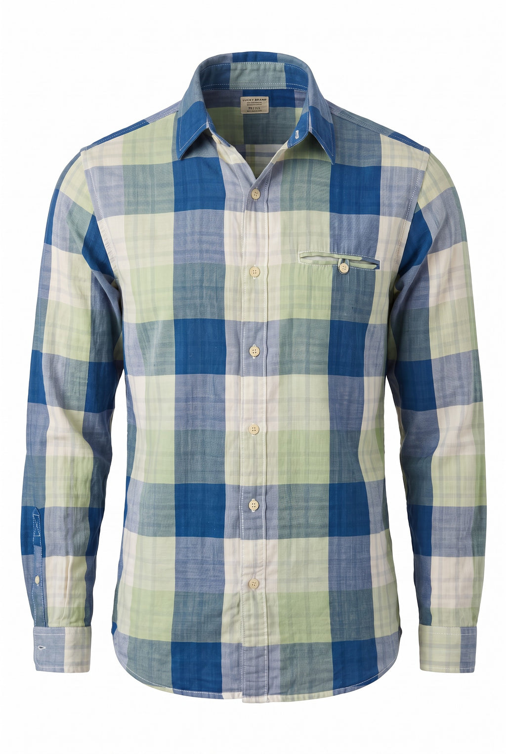 100% Cotton Lucky Brand Plaid Shirt | Size Mens M on white background