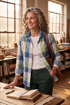 100% Cotton Lucky Brand Plaid Shirt | Size Mens M on woman standing at desk with open book