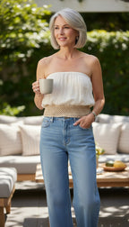 100% Cotton Made in USA Crochet Waistband Top | One Size  at Blue Sparrow Shop on woman wearing jeans and drinking coffee