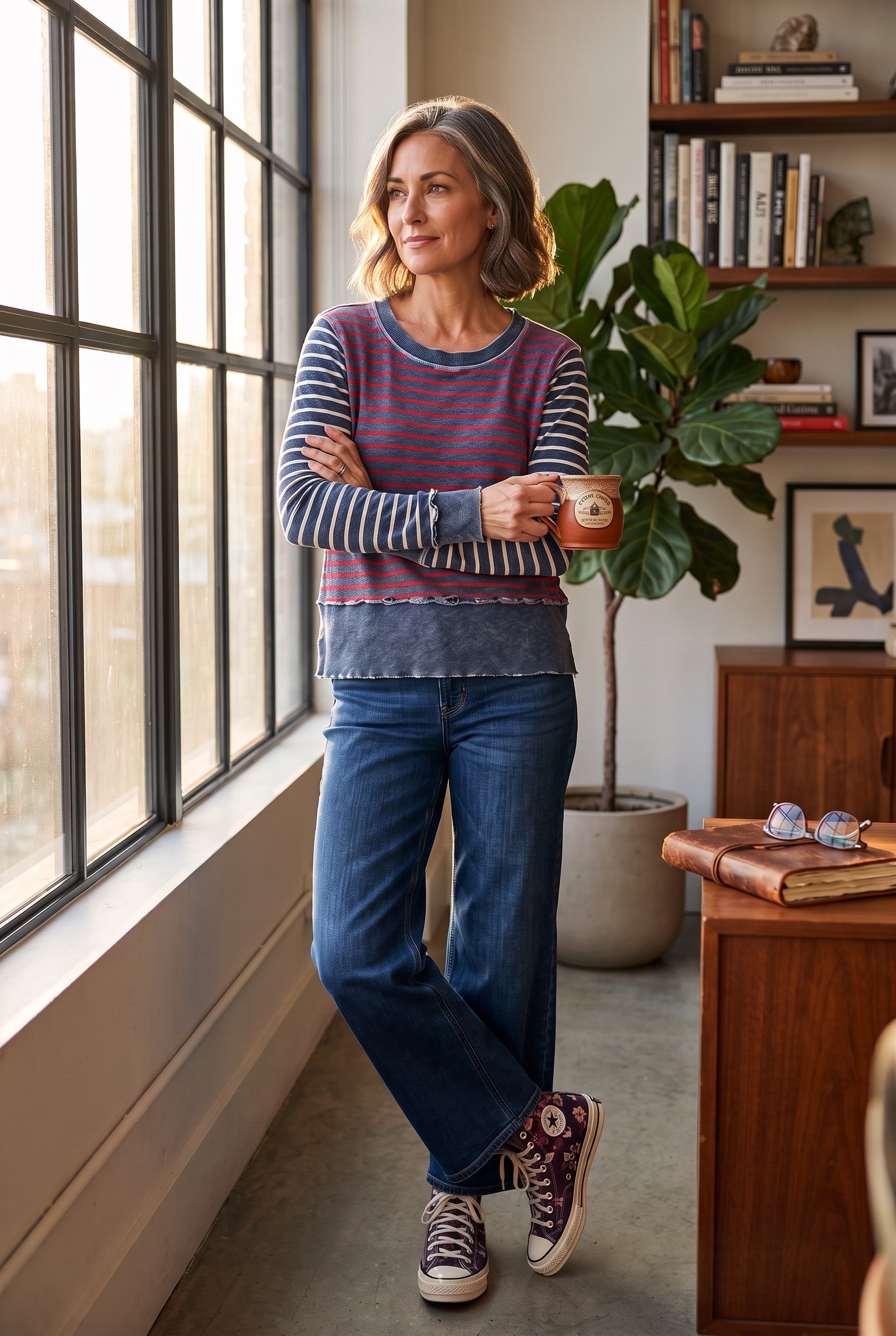 100% Cotton Michael Stars Sweatshirt | One Size on woman wearing wide leg jeans and converse hi tops near window