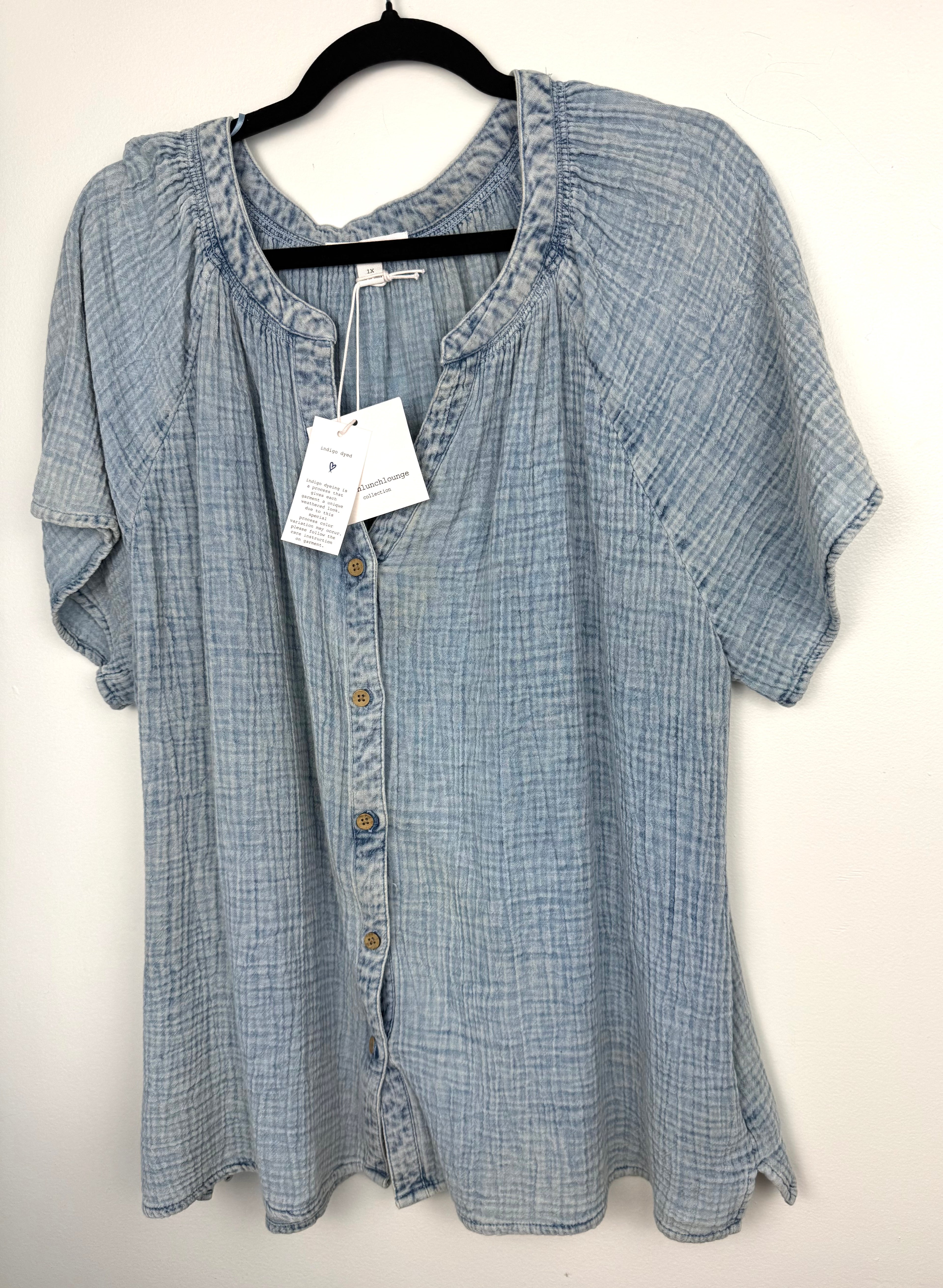 100% Cotton NWT Gauze Henley Top | Size 1X  at Blue Sparrow Shop on hanger
