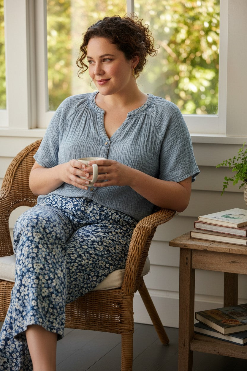 100% Cotton NWT Gauze Henley Top | Size 1X  at Blue Sparrow Shop on woman having tea wearing patterned pants