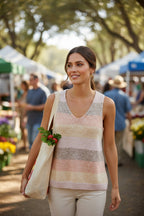 100% Cotton NWT Tribal Knit Tank | Size M at Blue Sparrow Shop on woman at outdoor market