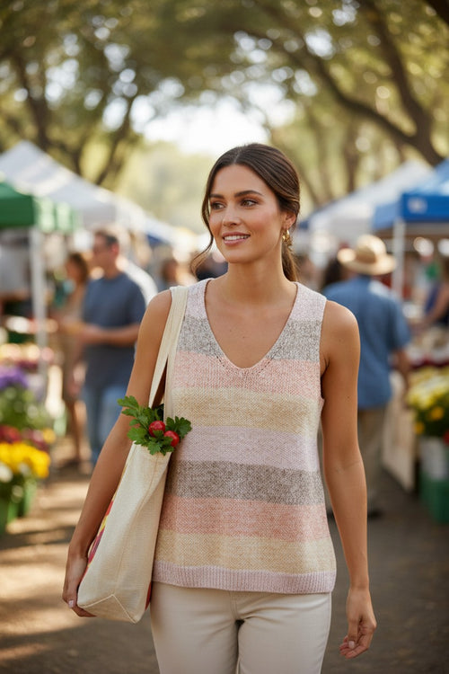 100% Cotton NWT Tribal Knit Tank | Size M at Blue Sparrow Shop on woman at outdoor market