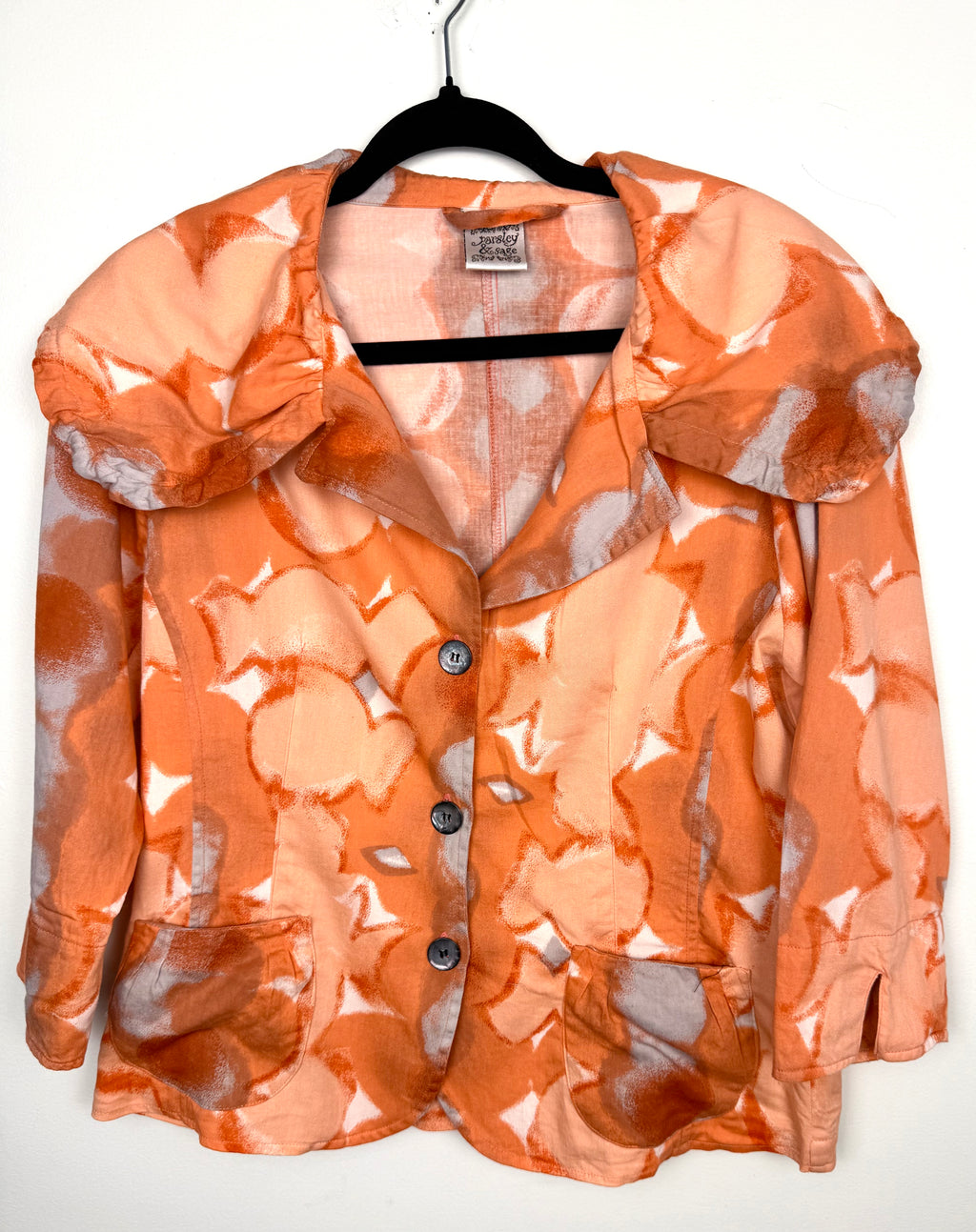 100% Cotton Parsley & Sage — Peach Abstract Floral Jacket, Size S at Blue Sparrow Shop Canadian Resale Reimagined  on hanger