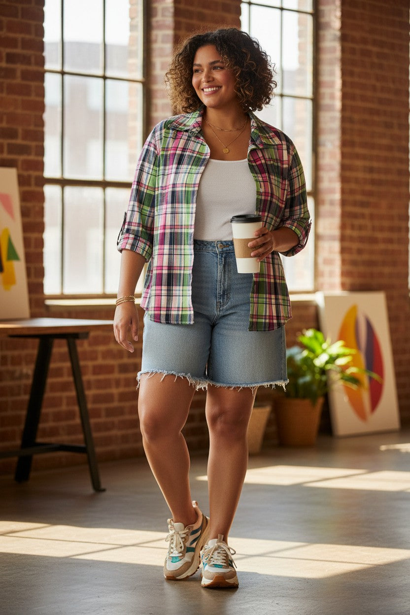 100% Cotton Plaid Button-Up Oversized Boyfriend Shirt | Gymboree | Size L at Blue Sparrow Shop on woman in front of brick wall holding a coffee and wearing jean shorts