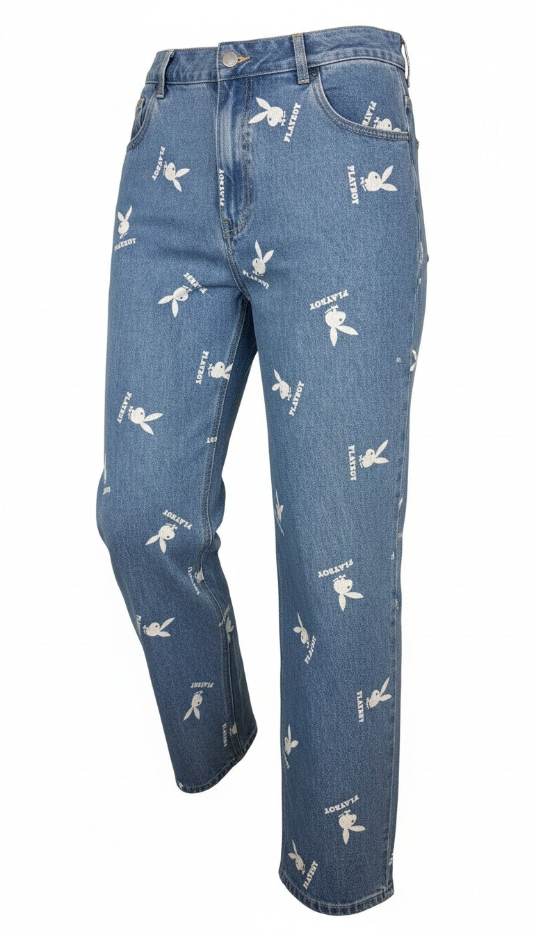 100% Cotton Playboy Bunny Print Wide Leg Jeans | Size 13 at Blue Sparrow Shop