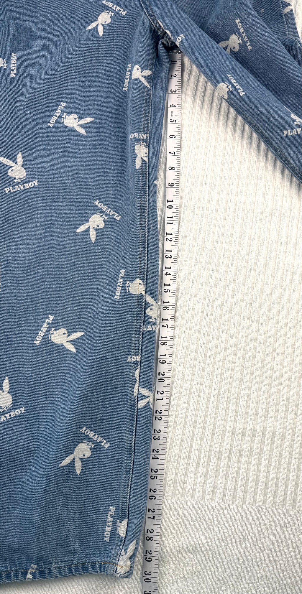 100% Cotton Playboy Bunny Print Wide Leg Jeans | Size 13 at Blue Sparrow Shop measuring 30" inseam