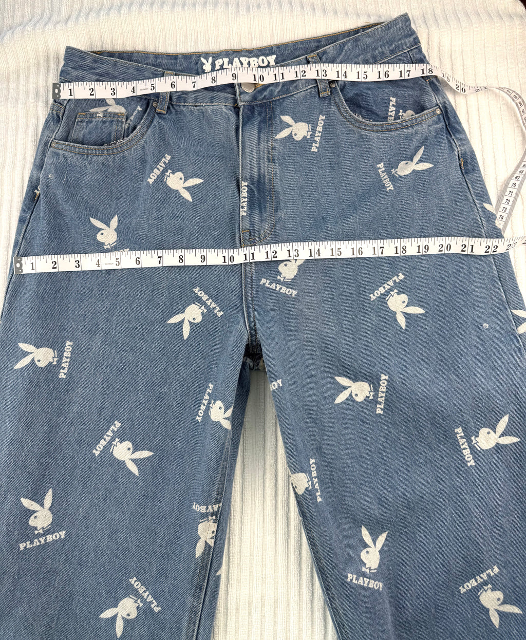 100% Cotton Playboy Bunny Print Wide Leg Jeans | Size 13 at Blue Sparrow Shop measuring 36" waist and 44" hips 