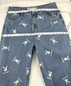 100% Cotton Playboy Bunny Print Wide Leg Jeans | Size 13 at Blue Sparrow Shop measuring 36" waist and 44" hips 