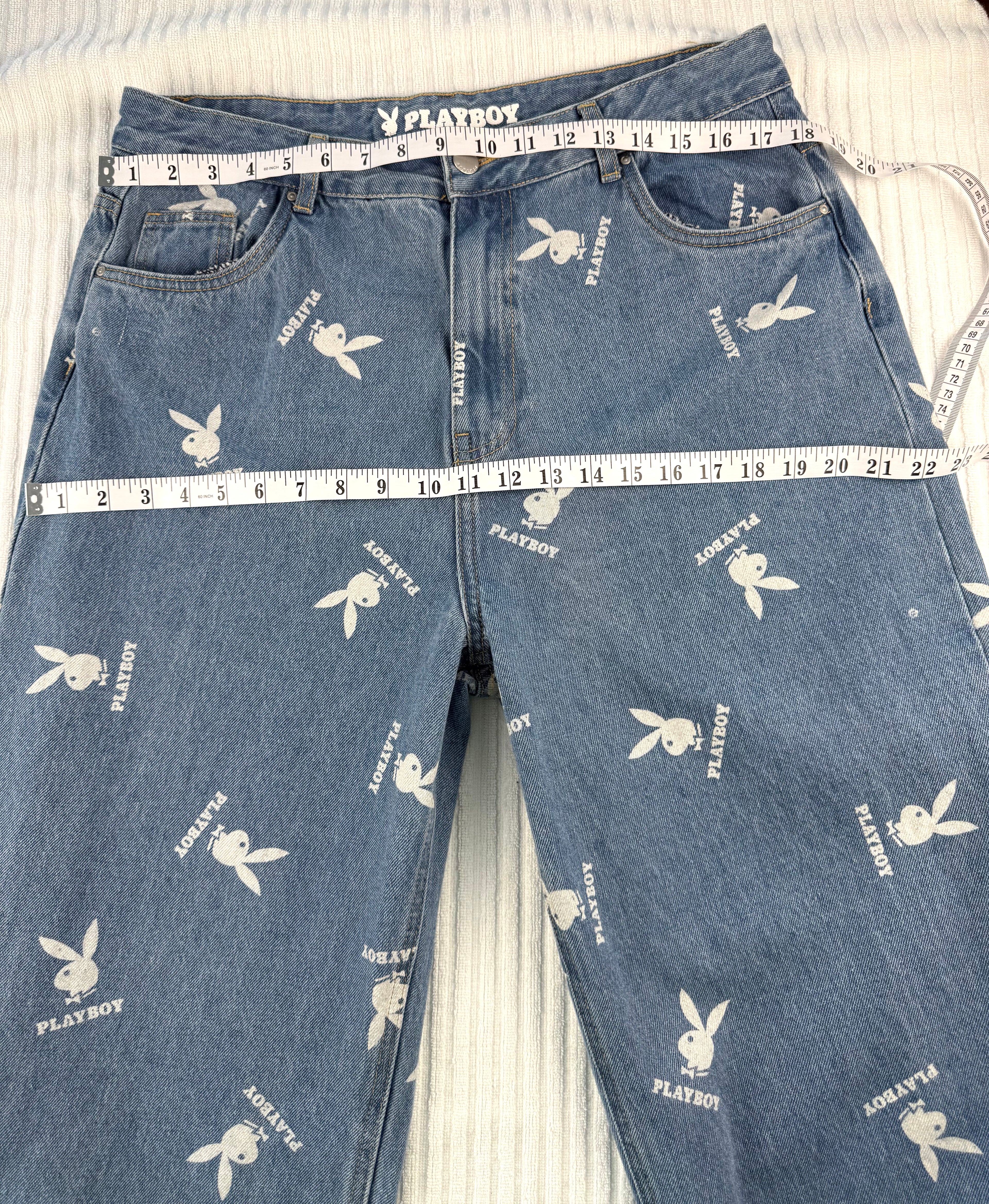 100% Cotton Playboy Bunny Print Wide Leg Jeans | Size 13 at Blue Sparrow Shop measuring 36" waist and 44" hips 