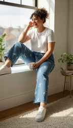 100% Cotton Playboy Bunny Print Wide Leg Jeans | Size 13 at Blue Sparrow Shop on woman sitting in window seat