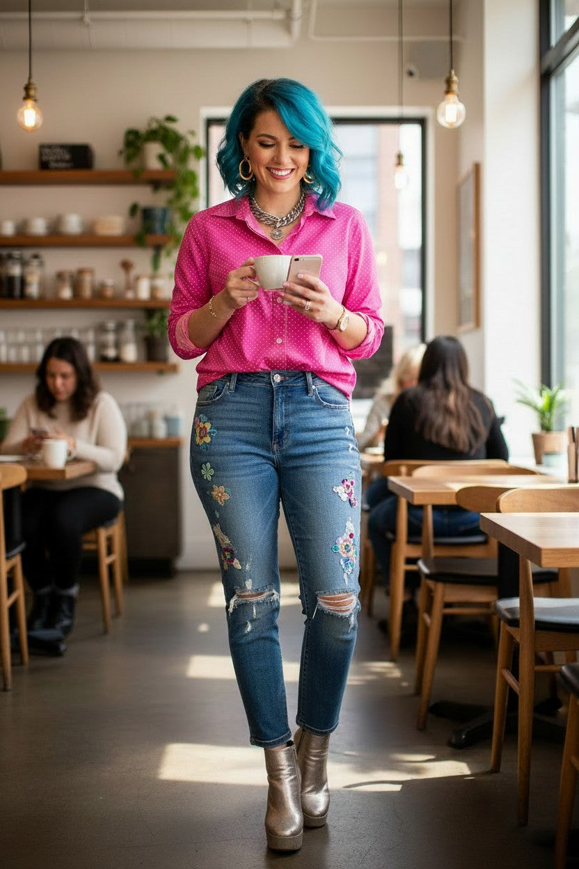 100% Cotton Ralph Lauren Classic Button Front Shirt | Size L on funky looking woman with blue hair wearing distressed jeans in cafe