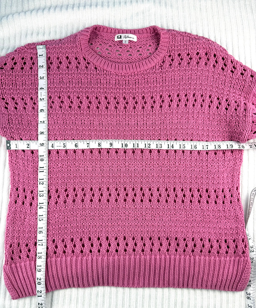 100% Cotton Reitmans  Pointelle Sweater in bubblegum pink at Blue Sparrow Shop - Canadian Resale Reimagined measuring 40" bust and 21" shoulder to hem 